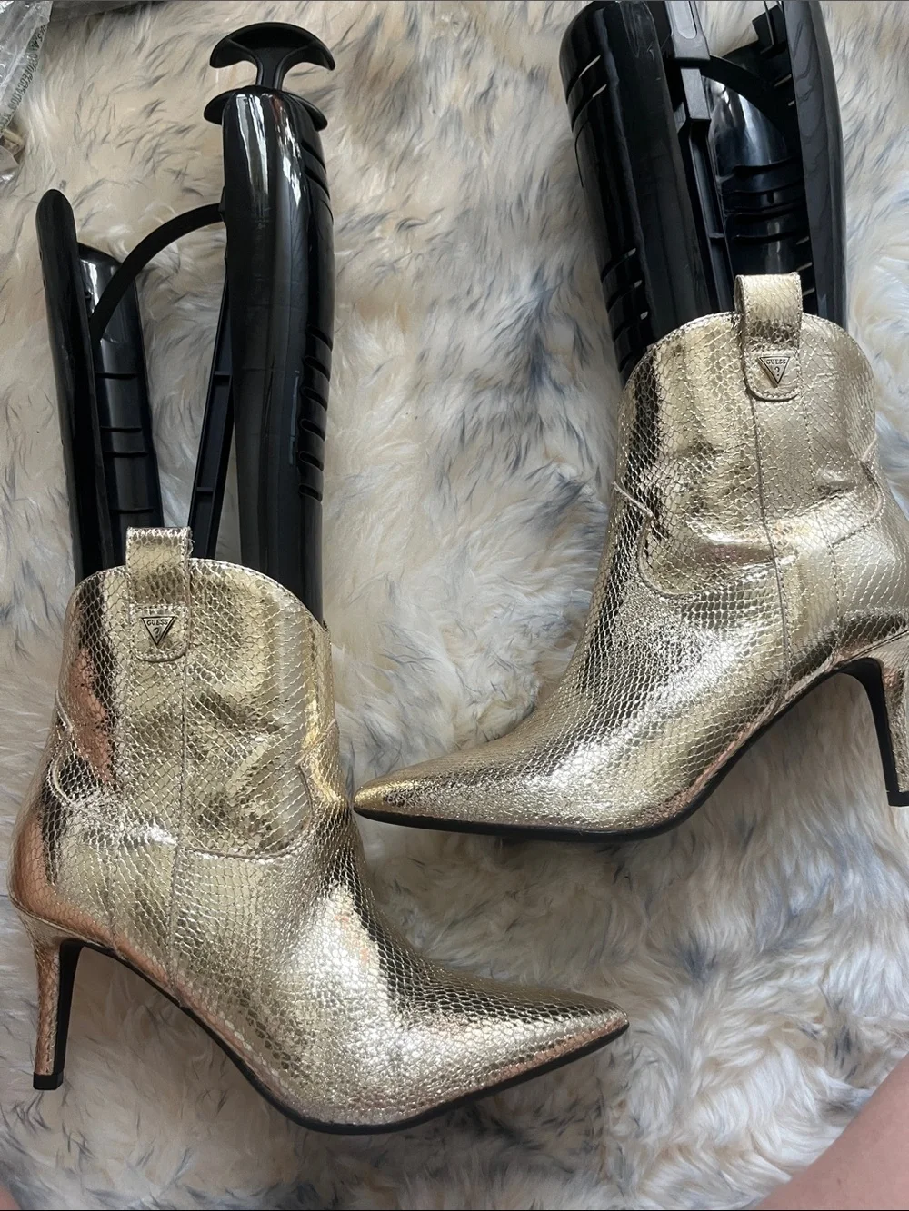 GUESS ! Gold Snakeskin Pointed Ankle Boots with Side Zipper